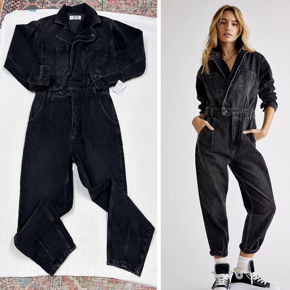 NWT WE THE FREE Free People Black Denim Maris Coverall - sz XS